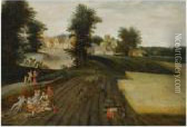 A Landscape With Farmers 
Harvesting, Figures Having A Picknick To The Left, A Village Beyond Oil Painting - Jacob Grimmer