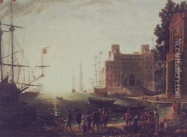A Capriccio  Of A Mediterranean Harbor, With The Villa Medici And Vignola's Entrance Gate To The Farnese Gardens Oil Painting - Claude Lorrain