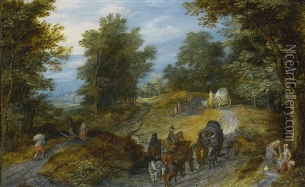 Woodland Road With Wagon And Travelers Oil Painting - Jan Brueghel the Elder