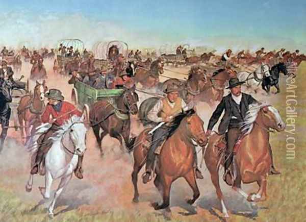 Oklahoma Land Rush 1889 Oil Painting - H.C. McBarron