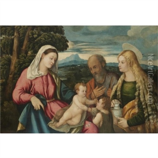 The Holy Family With The Infant Saint John The Baptist And Mary Magdalene Oil Painting - Jacopo Palma il Vecchio