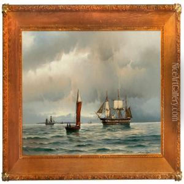Marine With The Danish Frigate Jylland On Open Sea In Calm Evening Weather Oil Painting - Vilhelm Bille