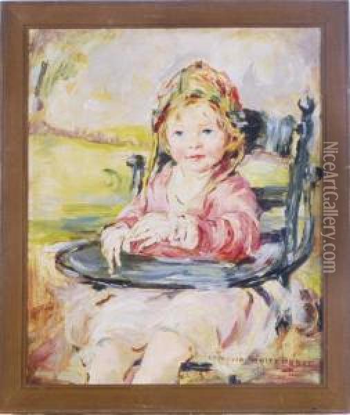 Portrait Of A Young Girl Sitting In Her High Chair In Alandscape Oil Painting - Camelia Whitehurst