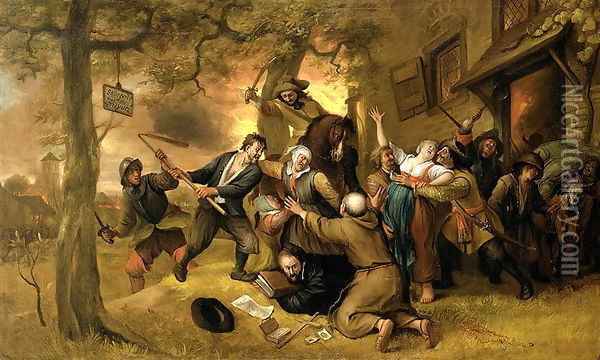 Peasants and Soldiers Outside a Tavern An Allegory of the Rape of the Netherlands Oil Painting - Jan Steen