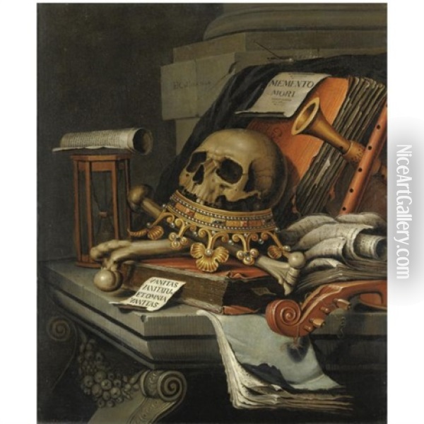 A Vanitas Still Life With A Skull Surmounting A Crown, Books, Scrolls, An Hour-glass, A Violin And Other Musical Instruments, All Resting Upon A Stone Ledge Oil Painting - Edward Collier
