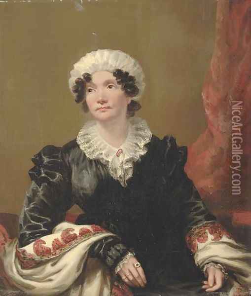 Portrait of a lady, small half-length, seated, in a black dress with shawl and white mob cap Oil Painting - Andrew Geddes