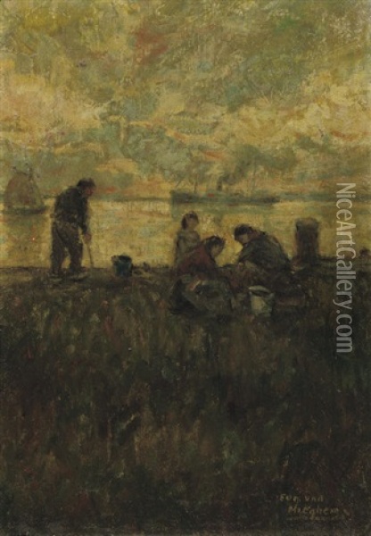Figures On A Dyke Oil Painting - Eugene van Mieghem