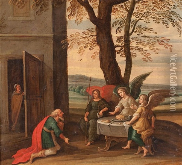 Abraham Y Los Tres Angeles Oil Painting - Hendrik van Balen the Younger