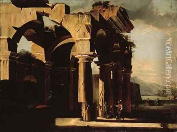 A capriccio of architectural ruins with figures Oil Painting - Viviano Codazzi