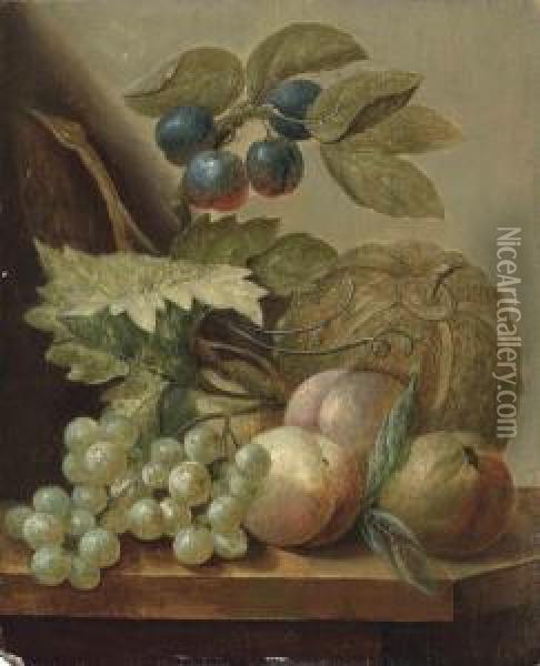 Peaches, Grapes, Plums And A Melon On A Ledge Oil Painting - Cornelis van Spaendonck
