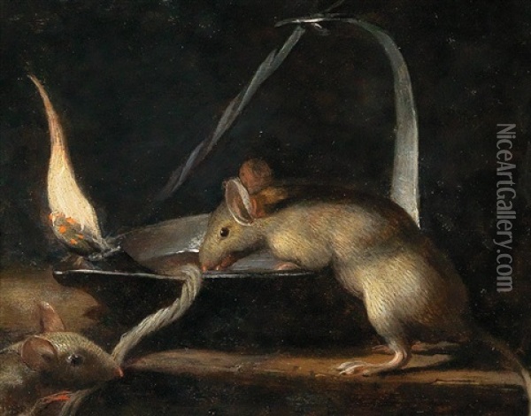 Two Mice Nibbling On A Candlewick Oil Painting - Trophime (Theophisme) Bigot the Elder