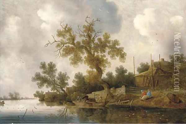 A wooded river landscape with fishermen and other figures Oil Painting - Salomon van Ruysdael
