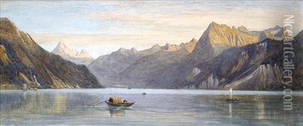 Bay Of Ure,lake Lucerne, With Fishing Boats And Steamer Oil Painting - Charles Reginald Aston