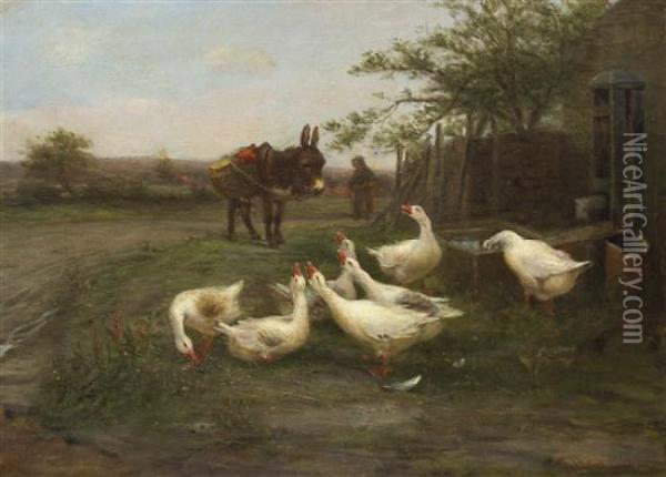 Geese And Donkey Oil Painting - William Henderson