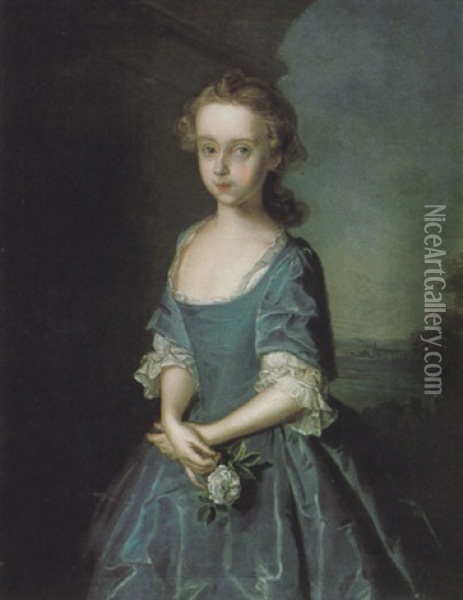 Portrait Of Maria Elizabeth Graham Of Woodhall Wearing A Blue Dress And Holding A Rose Oil Painting - Philip Mercier
