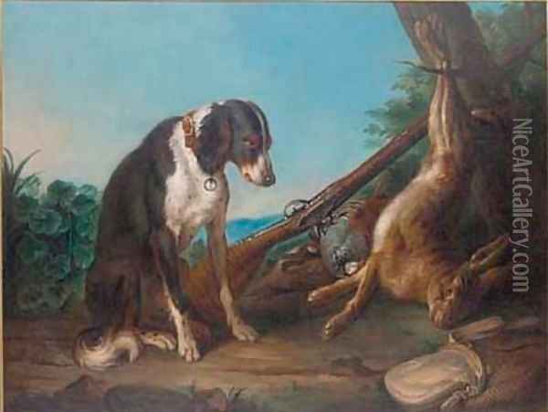 A dead hare and game birds in a clearing with a rifle and a dog Oil Painting - Alexandre-Francois Desportes