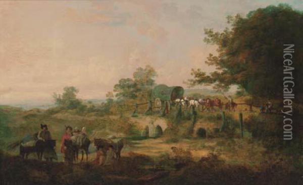 Travellers Resting In A Wooded River Landscape Oil Painting - Julius Caesar Ibbetson