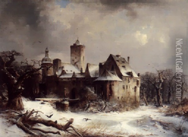 Grose Winterlandschaft Mit Schlos Oil Painting - Carl Hilgers