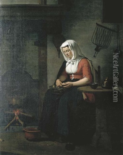 A Woman Seated In A Kitchen Pealing Apples Oil Painting - Jan Ekels the Younger