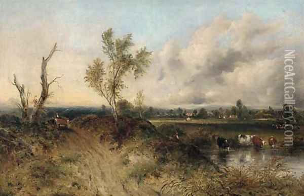 A drover with cattle watering in a extensive landscape Oil Painting - Frederick Waters Watts