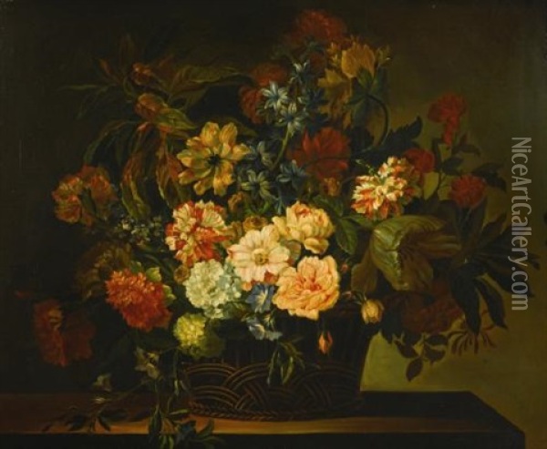 Dahlias, Tulips, Honeysuckle And Other Flowers In A Basket On A Table Oil Painting - Jean-Baptiste Monnoyer