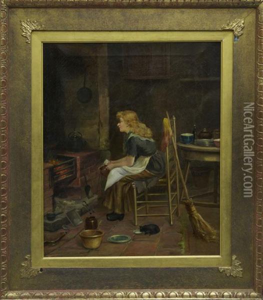 Study Of A Young Girl Seated Beside A Kitchen Fire With Her Cat Beside Oil Painting - David W. Haddon