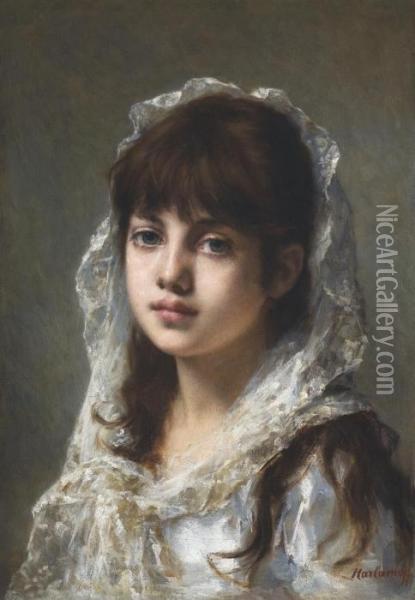 Portrait Of A Young Girl Wearing A White Veil Oil Painting - Alexei Alexeivich Harlamoff