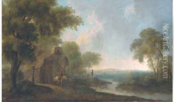 A landscape with travellers on a track by a cottage Oil Painting - Franz Ferg