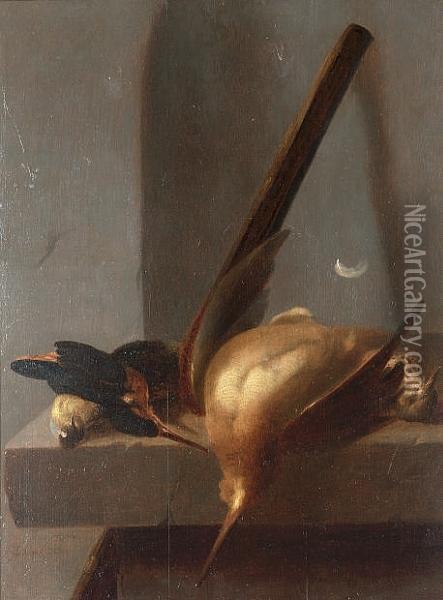 A Dead Woodcock, Kingfisher, Thrush And Great-tit Hanging Above A Stone Ledge Oil Painting - Jacobes Vonck