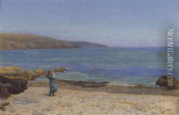 A Girl And Child On A Beach Oil Painting - Arthur Foord Hughes