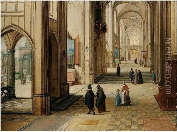 A Gothic Church Interior With An Open Loggia To The Left Oil Painting - Hendrick van, the Younger Steenwyck
