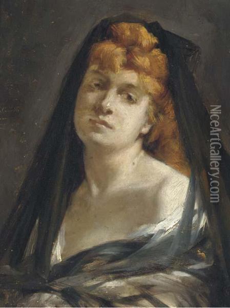 Portrait Of A Lady, Bust-length, In A Black Veil Oil Painting - Leon Francois Comerre