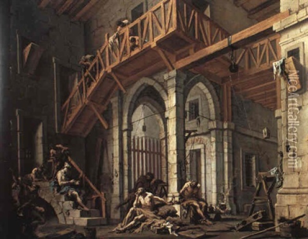 Interior Of A Prison With Joseph Interpreting Dreams Oil Painting - Alessandro Magnasco