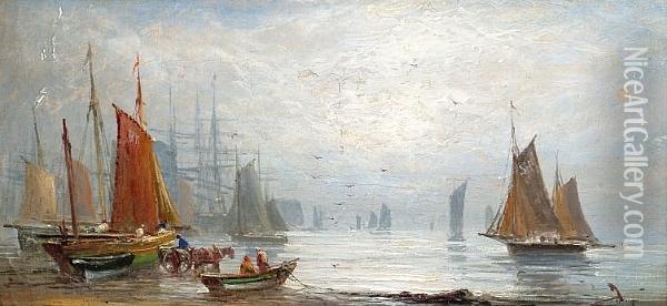 'busy Shipping Scene' And 'dismasted' Oil Painting - Joseph Wrightson McIntyre