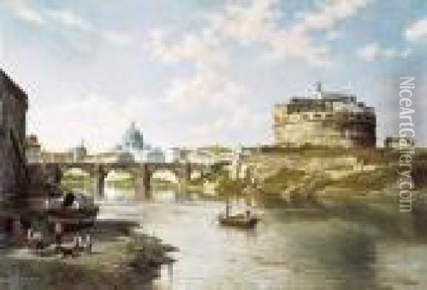 Une Vue Du Chateau Et Le Pont St.-ange A Rome (1916) Oil Painting - Jacques Carabain