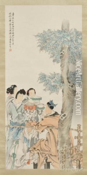 Depicting Three Women Giving Food To A Man Oil Painting - Ren Yi