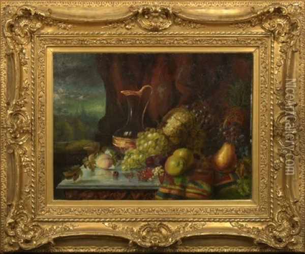 Still Life With Melons, Grapes, Pineapple, Pears, Apples, Nuts, Crystal Ewer And Exotic Linen Oil Painting - Francois Joseph Huygens