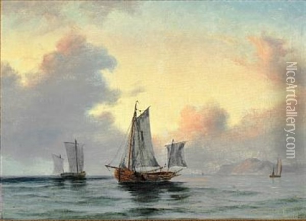 Fishing Wessels Off The Coast Oil Painting - Daniel Hermann Anton Melbye