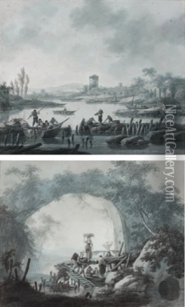 Deux Scenes De Peches (2 Works) Oil Painting - Jean Baptiste Pillement
