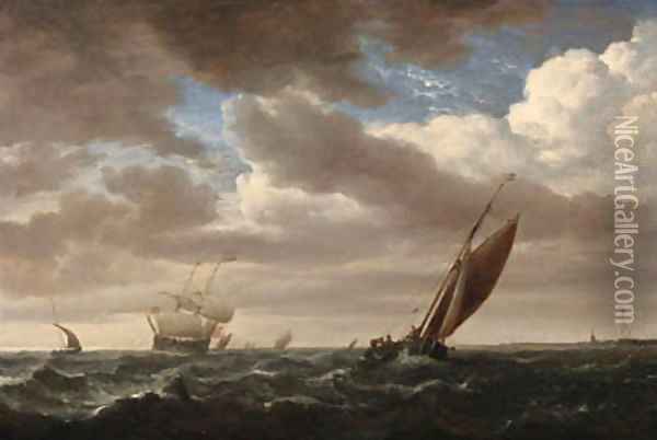 A kaag and other shipping in a fresh breeze Oil Painting - Willem van de Velde the Younger