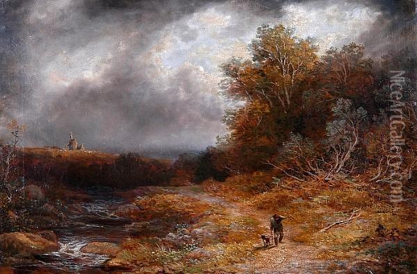 Walking By The River With A Windmmill In The Distance Oil Painting - John Linnell