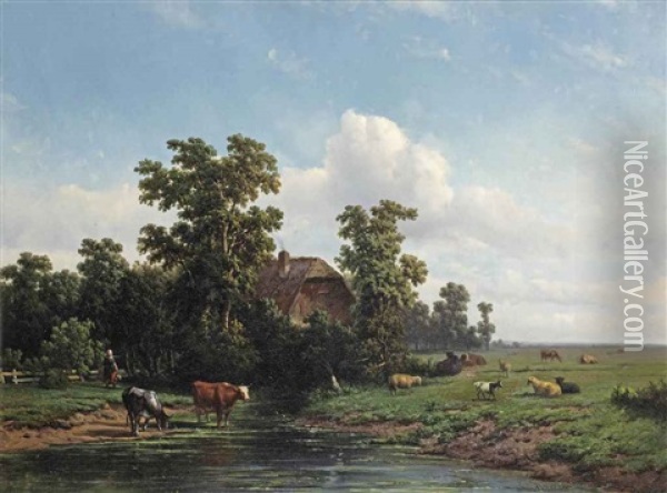 Grazing Cattle By A Pond Near A Farmhouse Oil Painting - Adrianus Jacobus Vrolyk