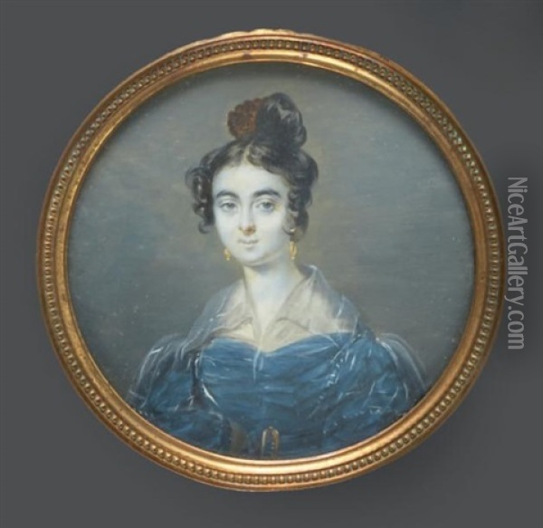Portrait De Madame Caroline Reiset, En Buste Vers La Gauche, Presque De Face, Vetue D'une Robe Bleue, Ceinture A Coques Et Pendants D'oreilles Oil Painting - Candide Blaize