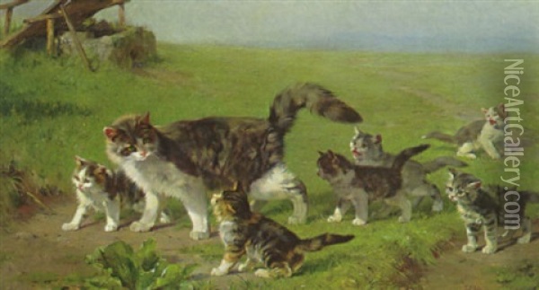 Katze Mit Sechs Jungen Auf Der Wiese Im Sonnenlicht Oil Painting - Julius Adam the Younger