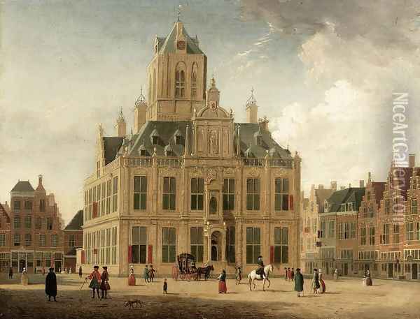 Delft: A View of the Town Hall Seen from the Grote Markt 1745-55 Oil Painting - Jan ten Compe
