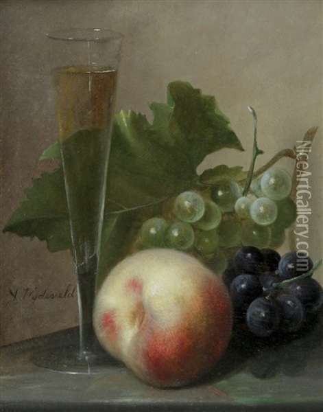 Still Life With A Peach, Grapes And Wine Oil Painting - Arnoud Wydeveld