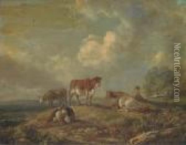 A Drover With Cattle Oil Painting - Peter La Cave
