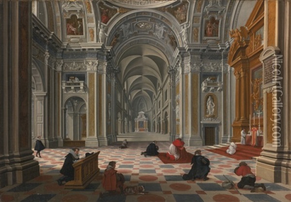 Figures At Mass In An Ornate Church Interior Oil Painting - Bartholomeus Van Bassen