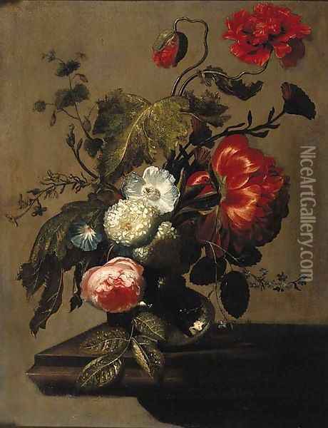 A peony, poppies, a rose, snowballs, an anemone and forget-me-nots in a glass vase on a stone ledge Oil Painting - Simon Pietersz. Verelst