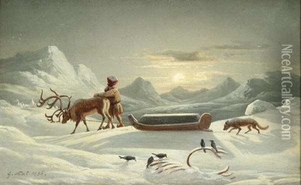 Winter Dusk Scene Of A Laplander With Reindeer Sleigh Pulling Coffin Oil Painting - Georg Eduard Otto Saal